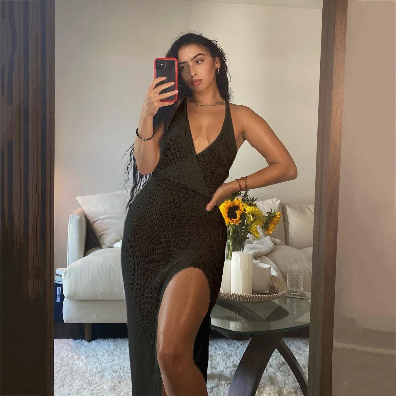 2024 European American Summer New Fashion V-neck Backless Lace-up Seaside Vacation Beach Strap Dress