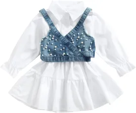 2PCS Baby Girl Strap Pearl Denim Crop Tops Beading Back Bandage Vest   Lapel Button Shirt Dress Set
