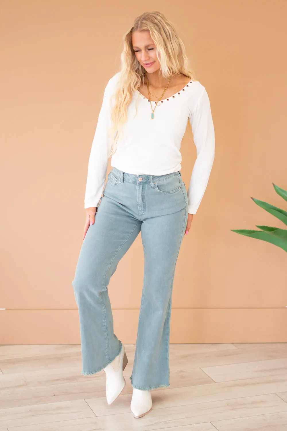 Acid Washed Frayed Hem Slim Wide Leg Pants