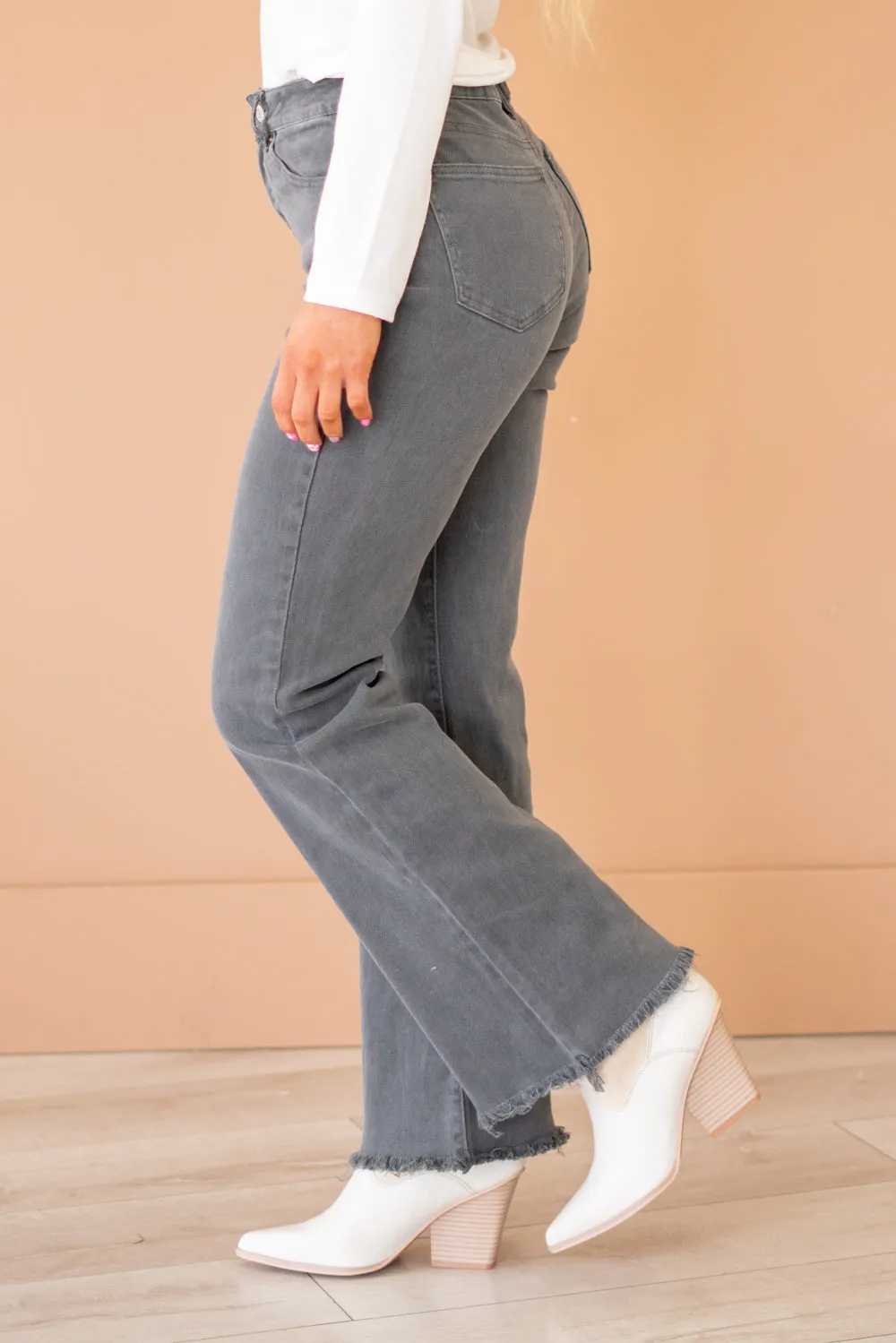 Acid Washed Frayed Hem Slim Wide Leg Pants