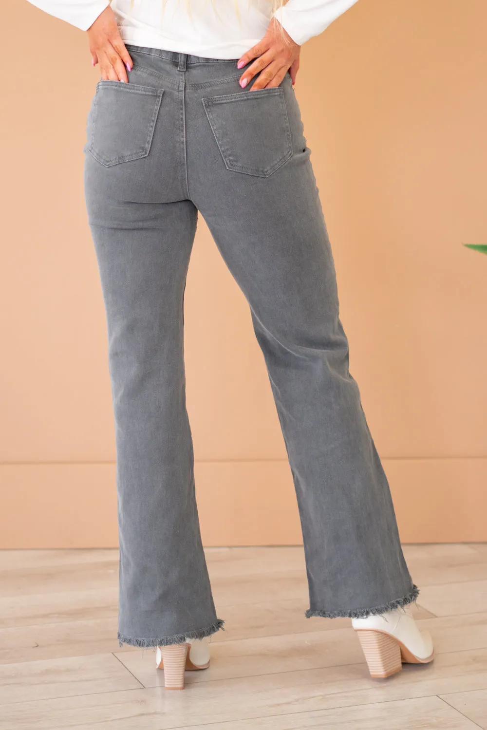 Acid Washed Frayed Hem Slim Wide Leg Pants