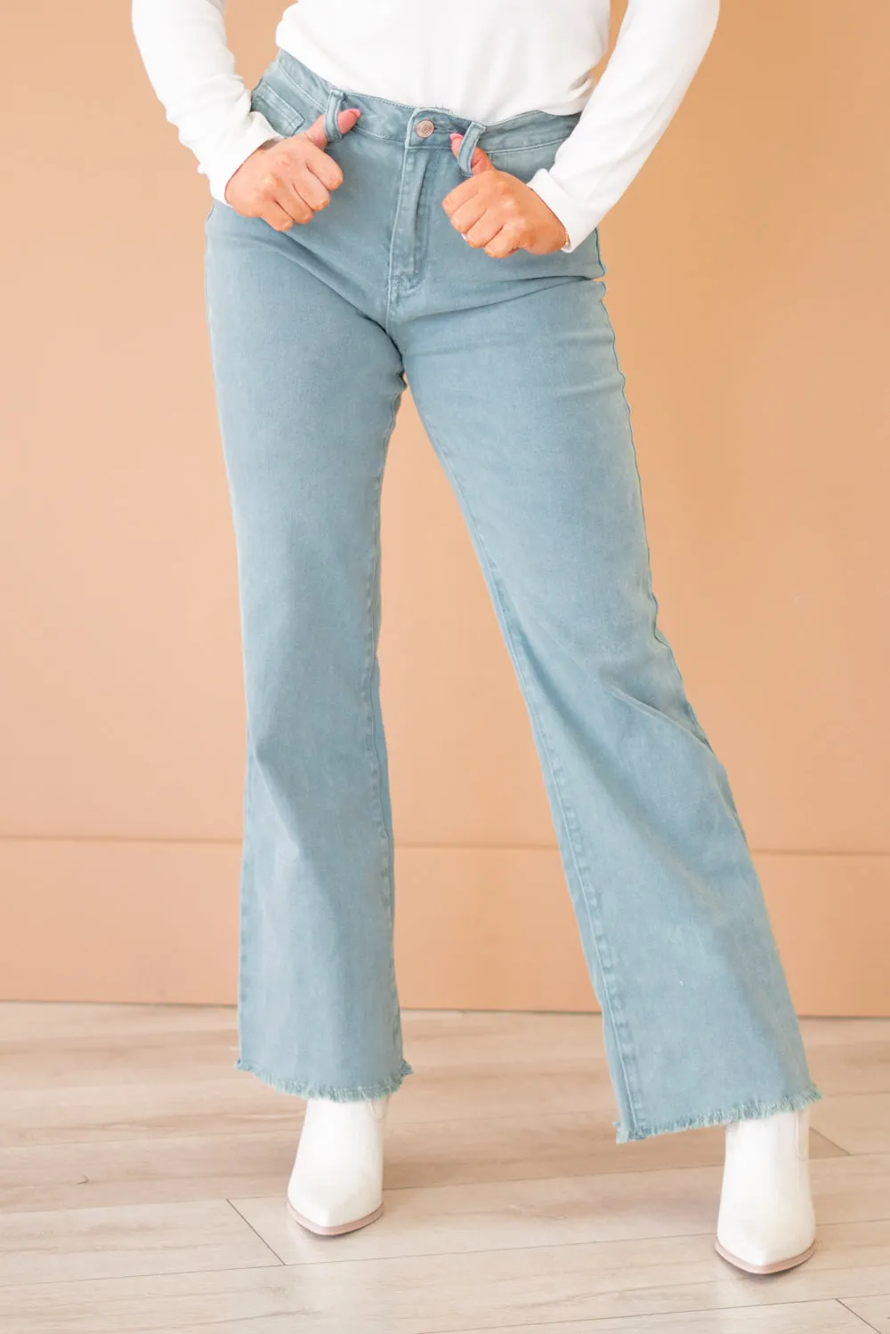 Acid Washed Frayed Hem Slim Wide Leg Pants
