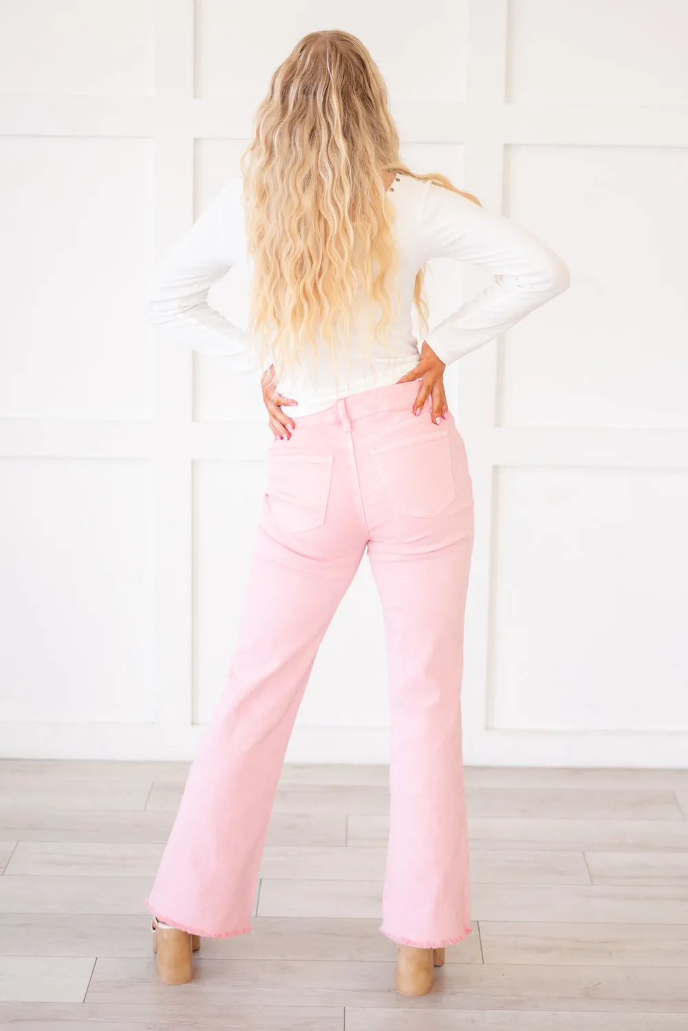 Acid Washed Frayed Hem Slim Wide Leg Pants