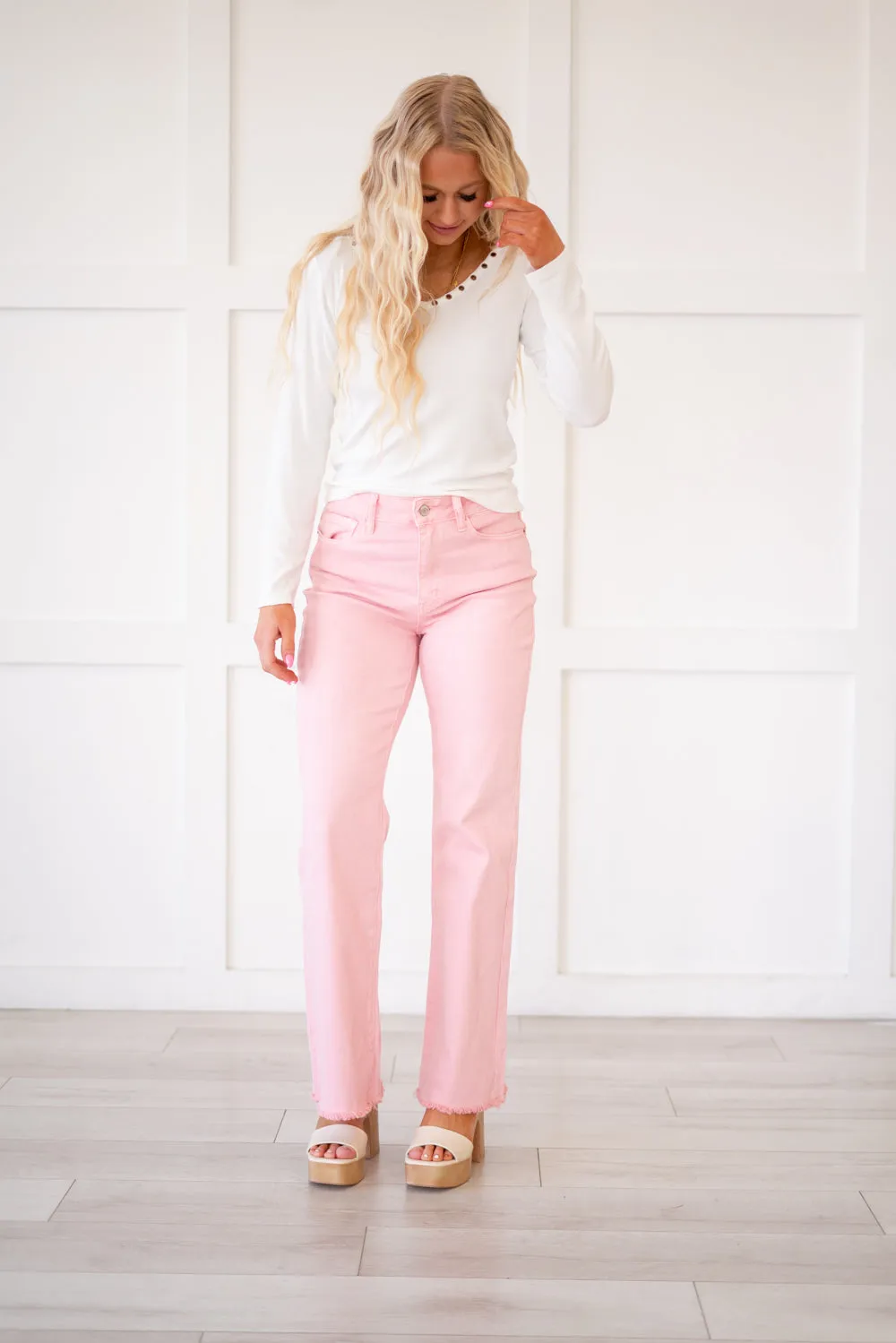 Acid Washed Frayed Hem Slim Wide Leg Pants