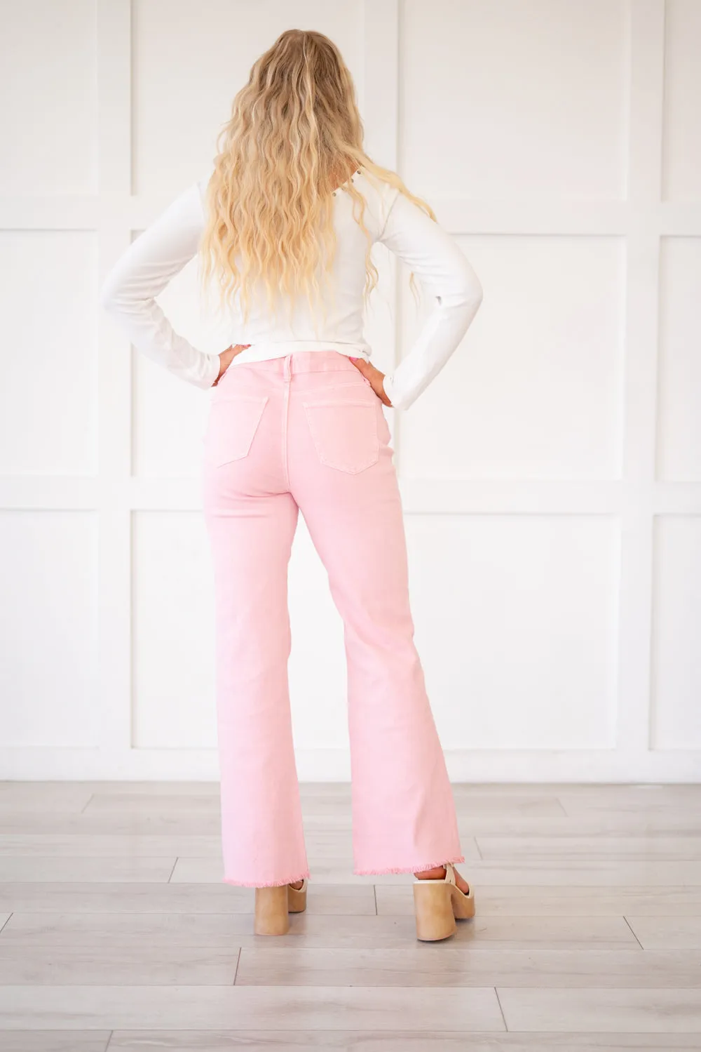 Acid Washed Frayed Hem Slim Wide Leg Pants