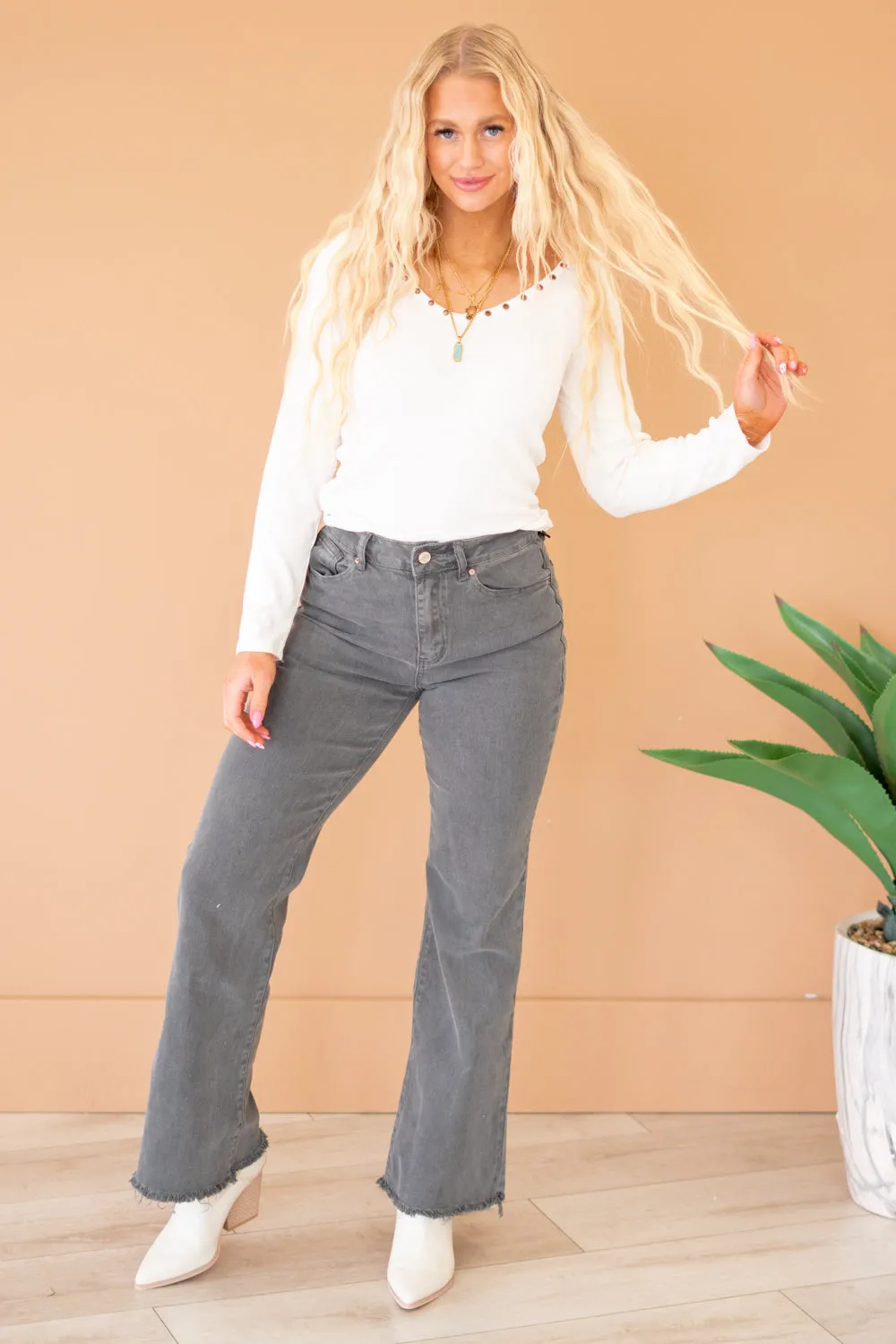 Acid Washed Frayed Hem Slim Wide Leg Pants