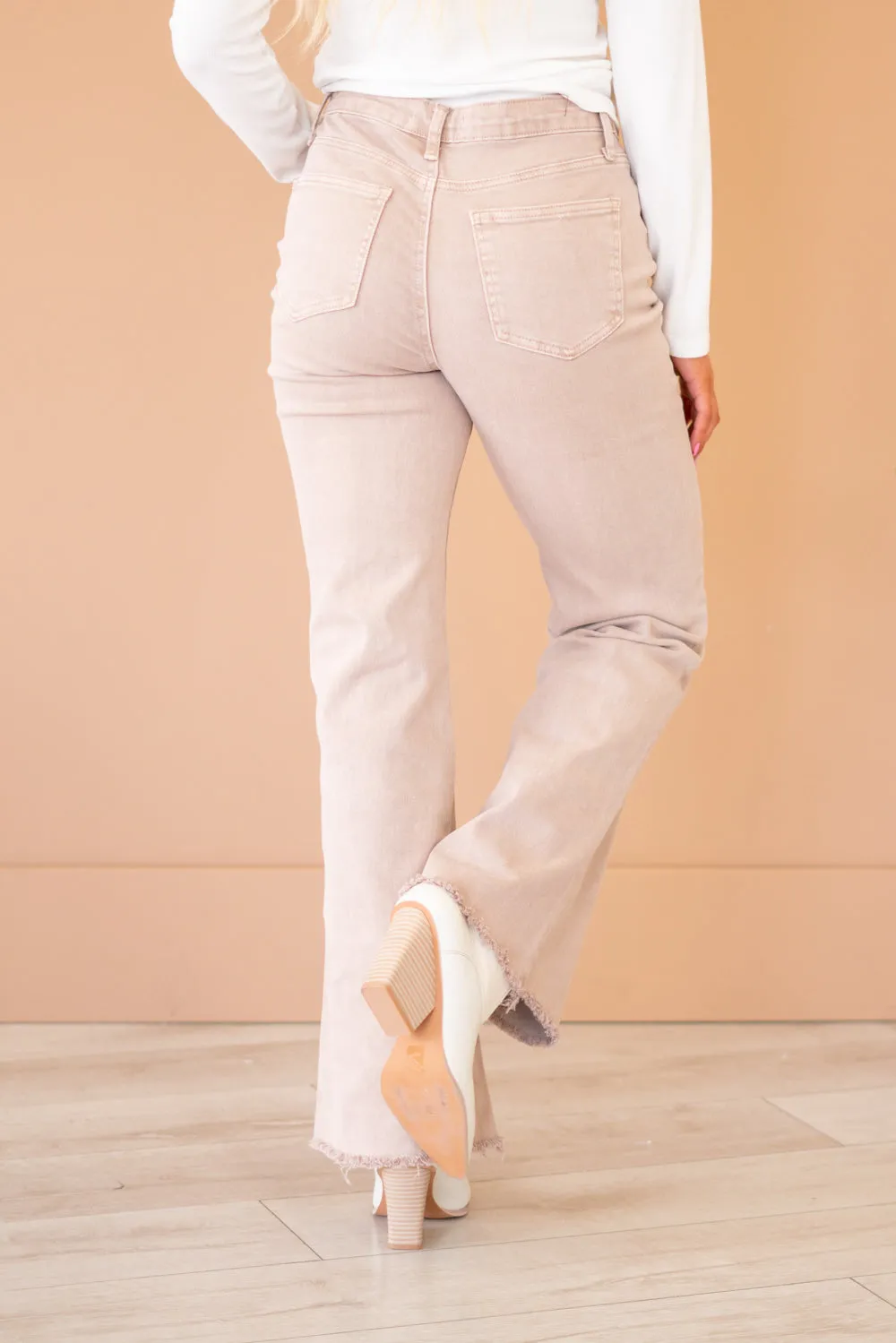Acid Washed Frayed Hem Slim Wide Leg Pants