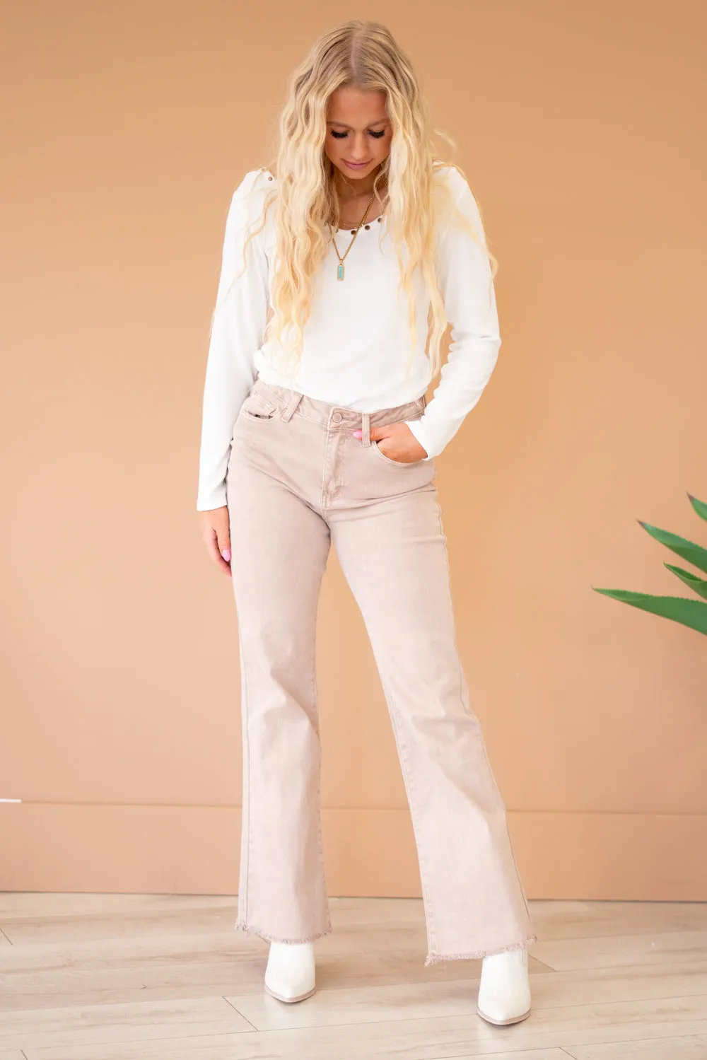 Acid Washed Frayed Hem Slim Wide Leg Pants