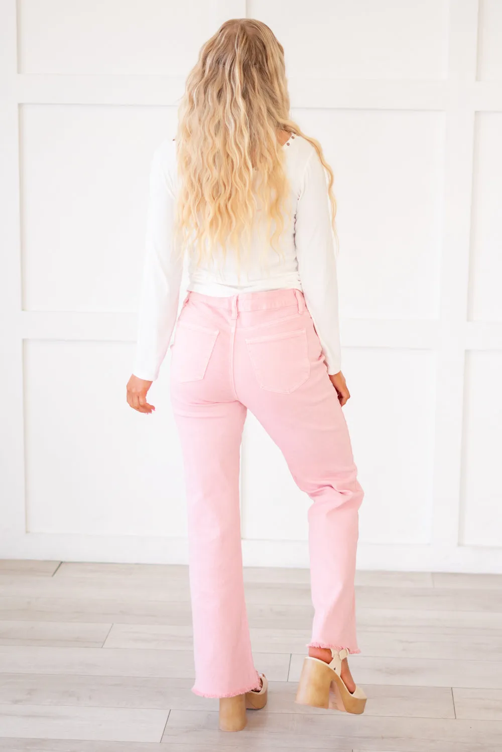 Acid Washed Frayed Hem Slim Wide Leg Pants