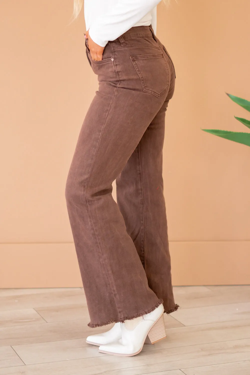 Acid Washed Frayed Hem Slim Wide Leg Pants
