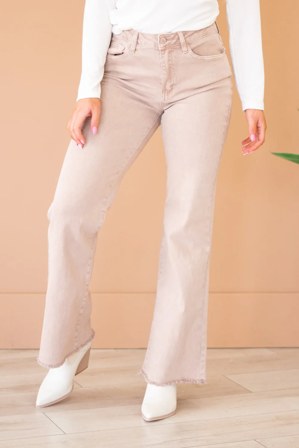 Acid Washed Frayed Hem Slim Wide Leg Pants