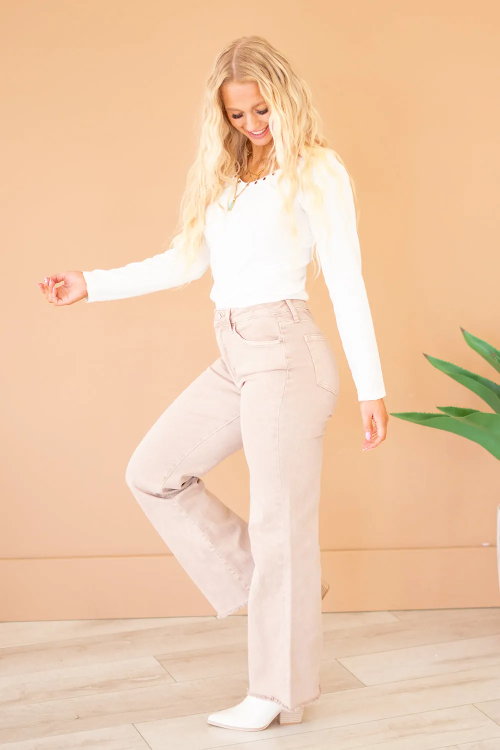 Acid Washed Frayed Hem Slim Wide Leg Pants