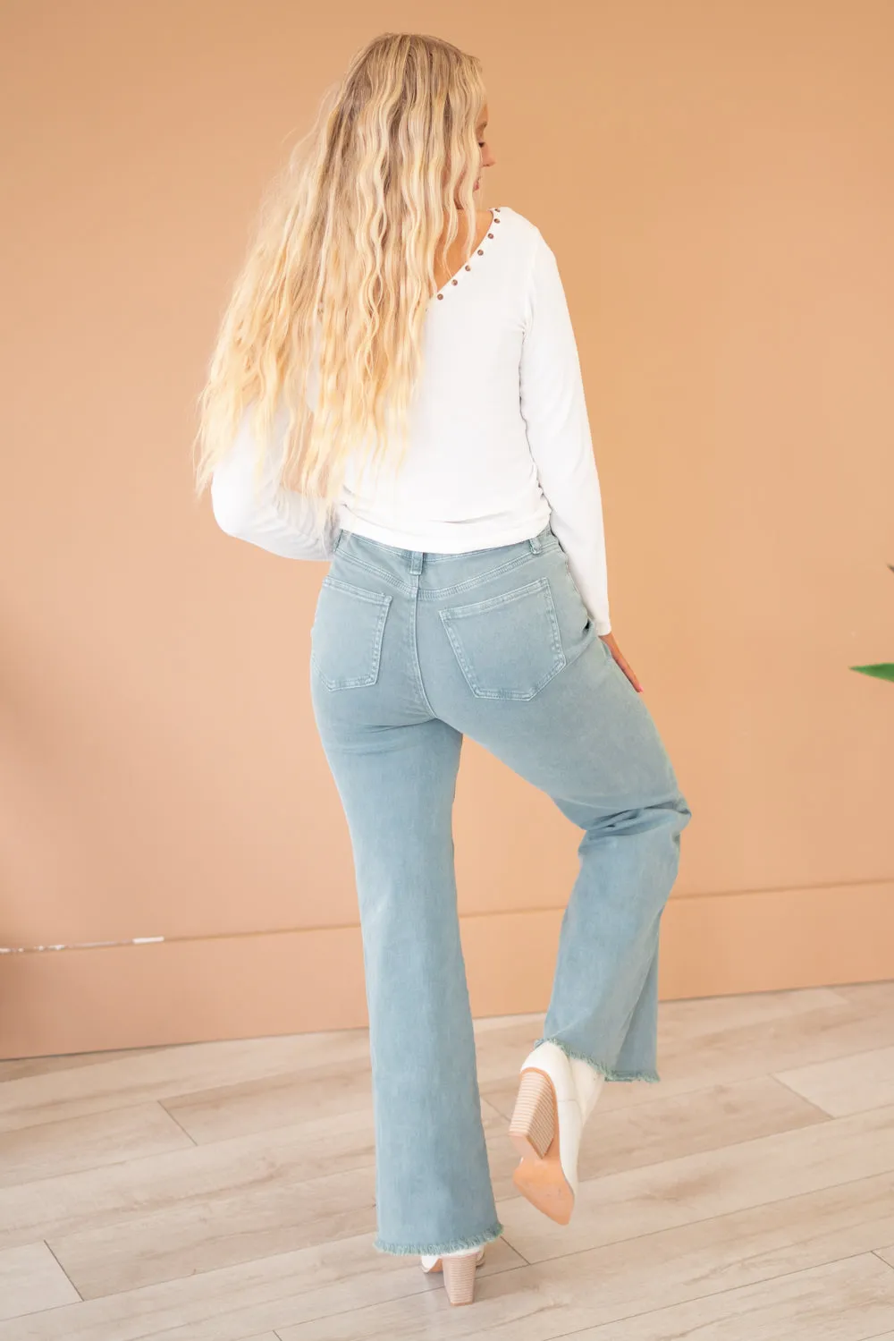 Acid Washed Frayed Hem Slim Wide Leg Pants
