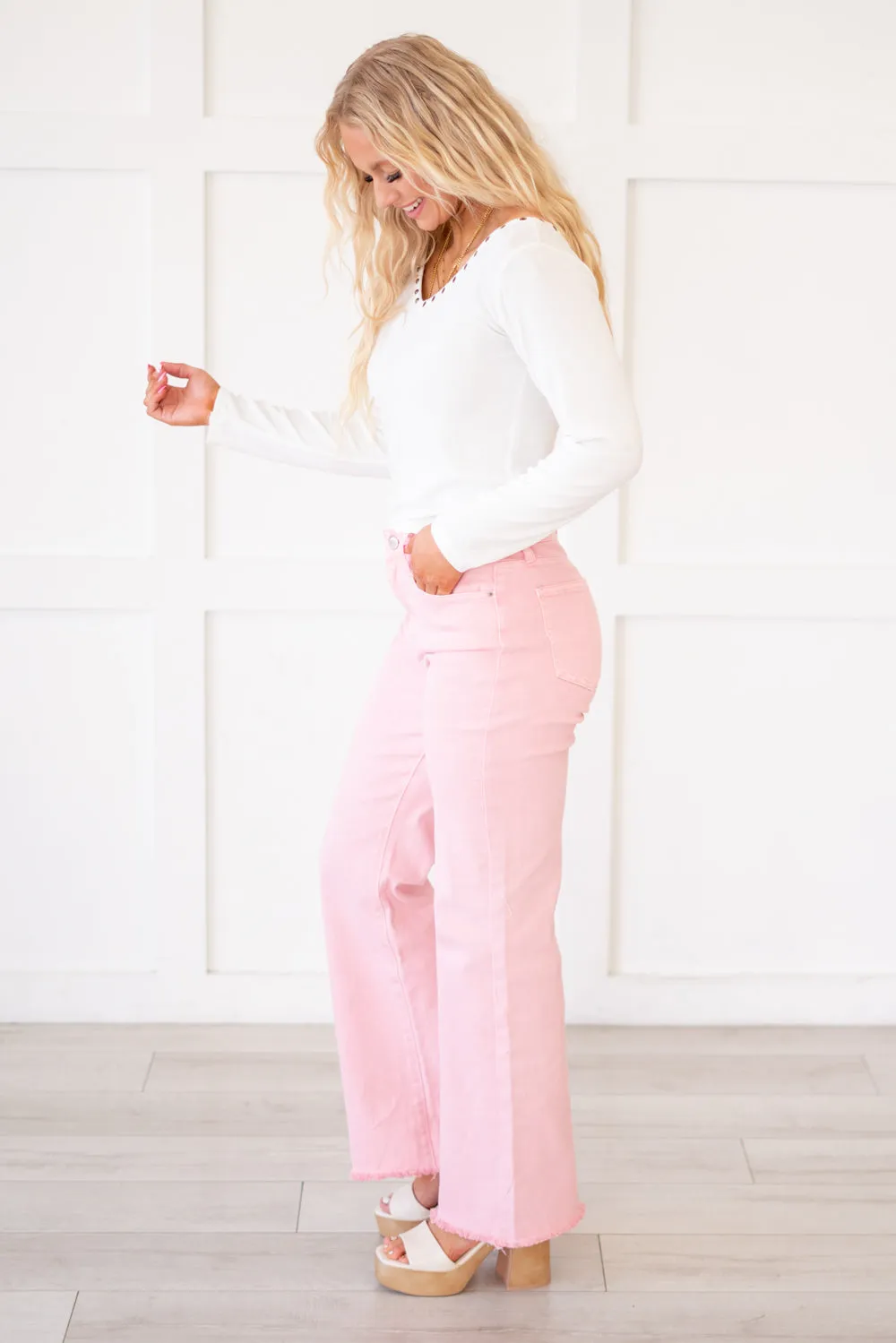 Acid Washed Frayed Hem Slim Wide Leg Pants