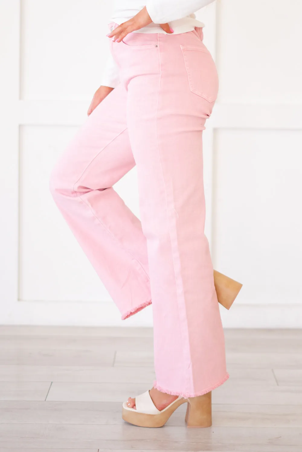 Acid Washed Frayed Hem Slim Wide Leg Pants
