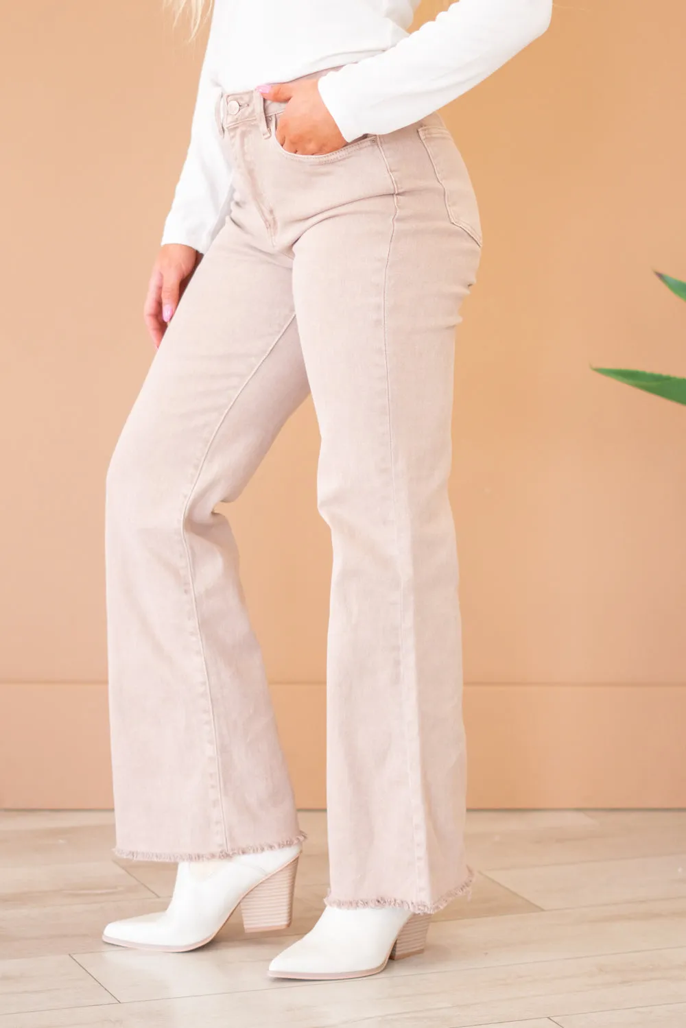 Acid Washed Frayed Hem Slim Wide Leg Pants