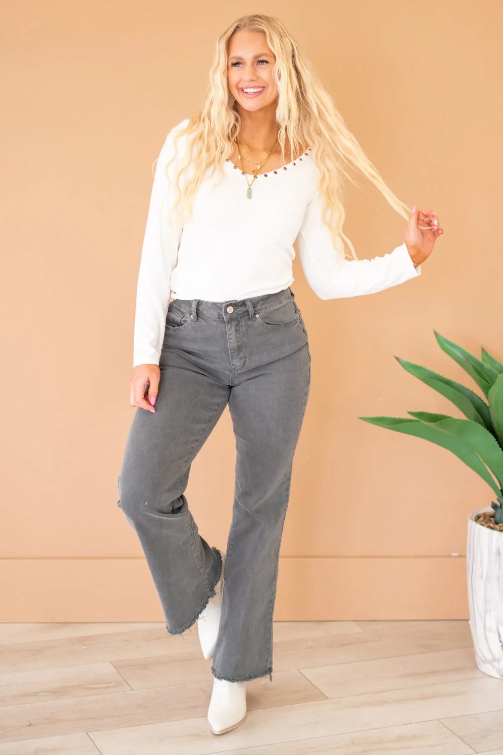 Acid Washed Frayed Hem Slim Wide Leg Pants