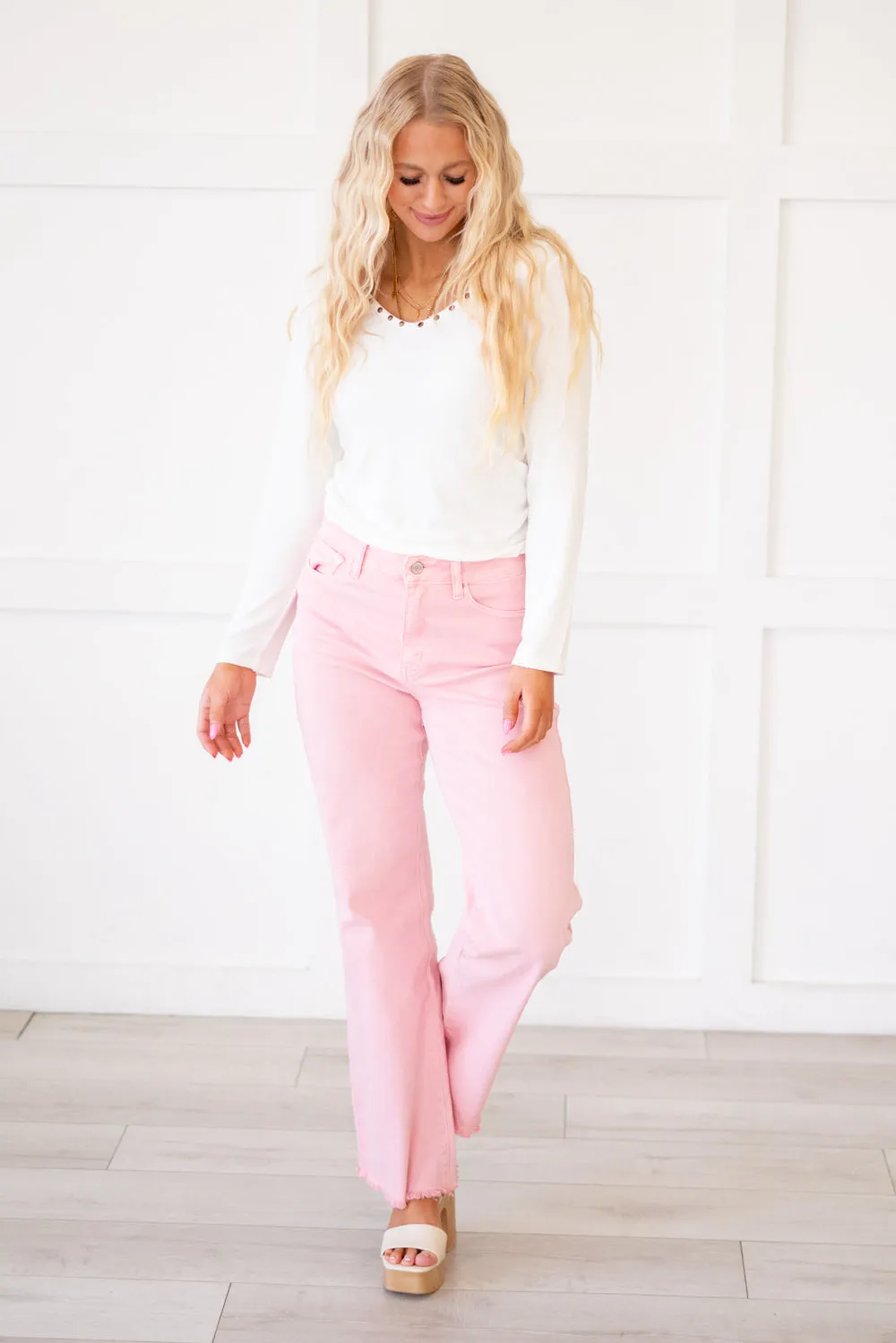 Acid Washed Frayed Hem Slim Wide Leg Pants