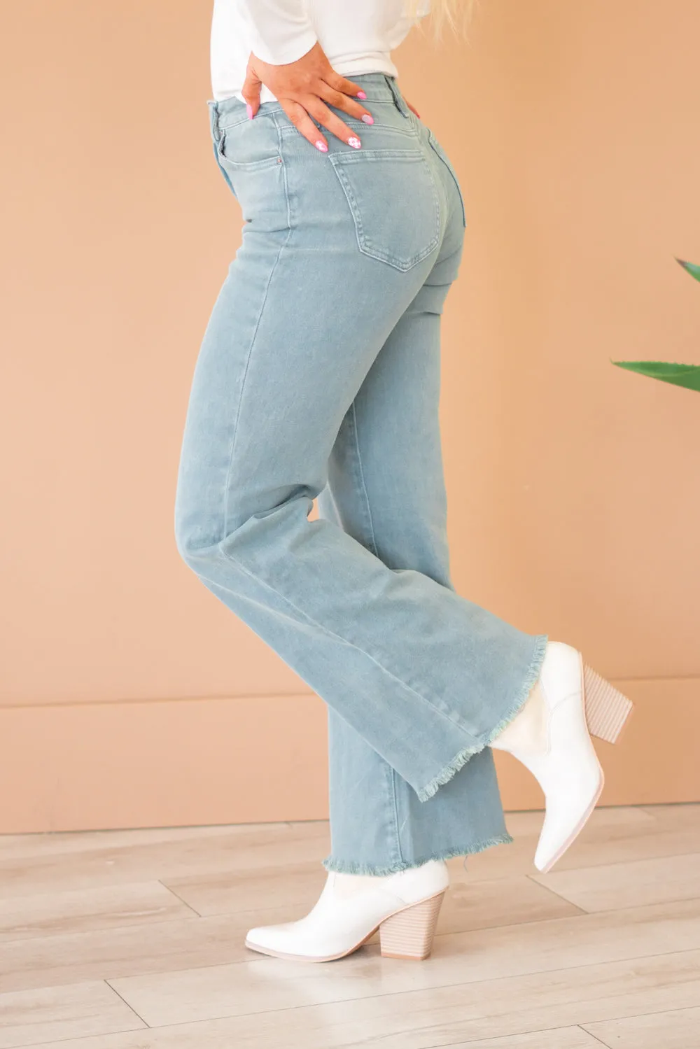 Acid Washed Frayed Hem Slim Wide Leg Pants