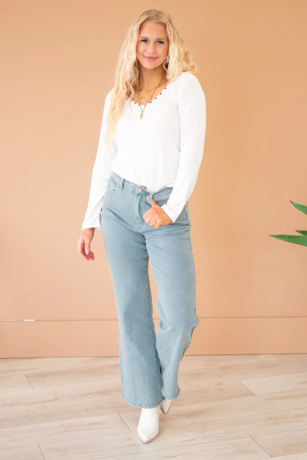 Acid Washed Frayed Hem Slim Wide Leg Pants