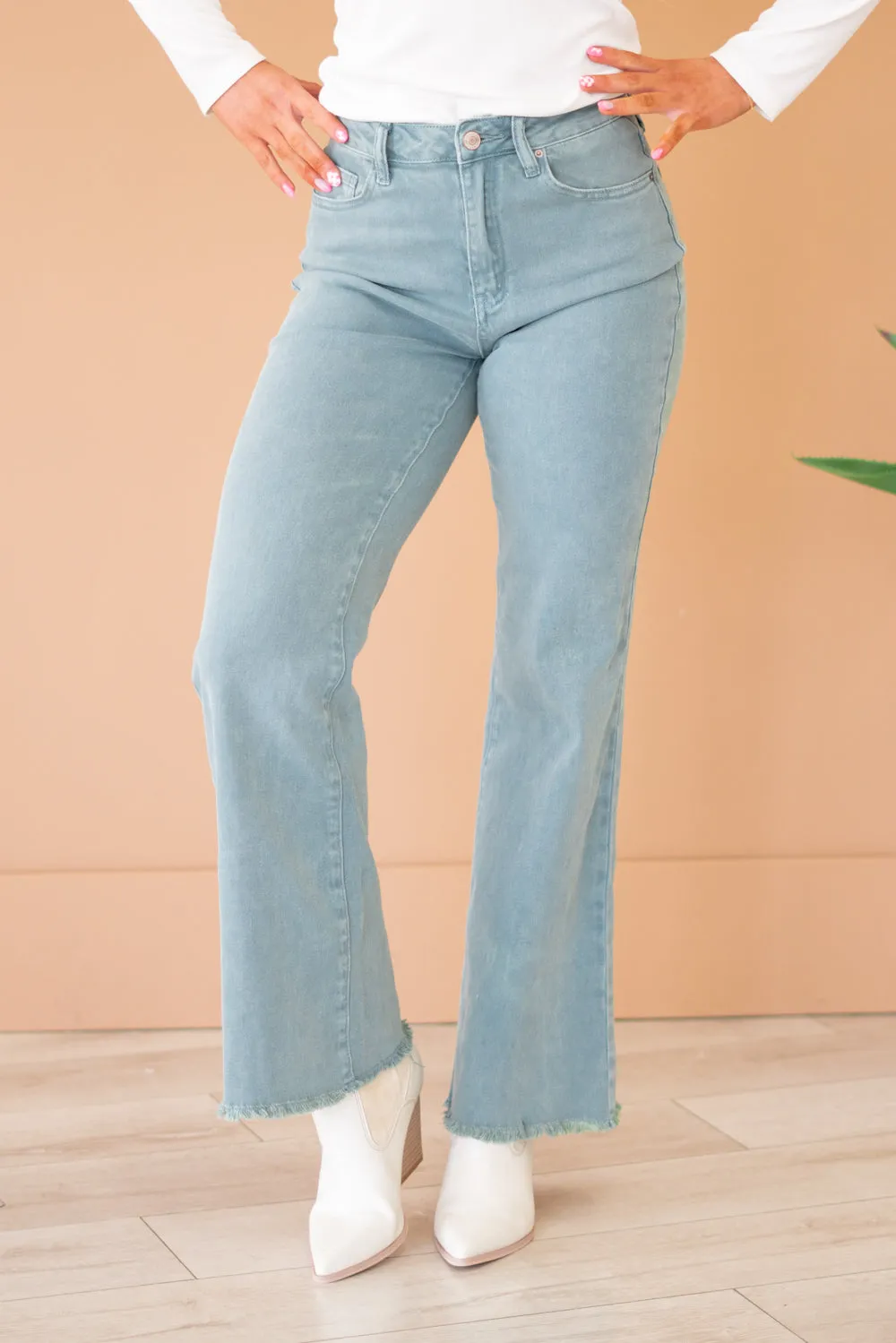 Acid Washed Frayed Hem Slim Wide Leg Pants