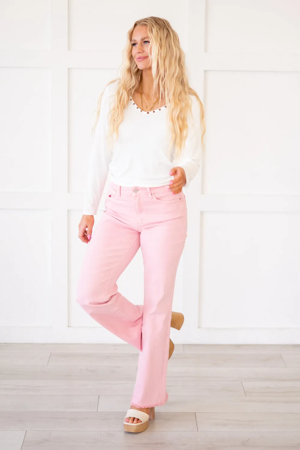 Acid Washed Frayed Hem Slim Wide Leg Pants