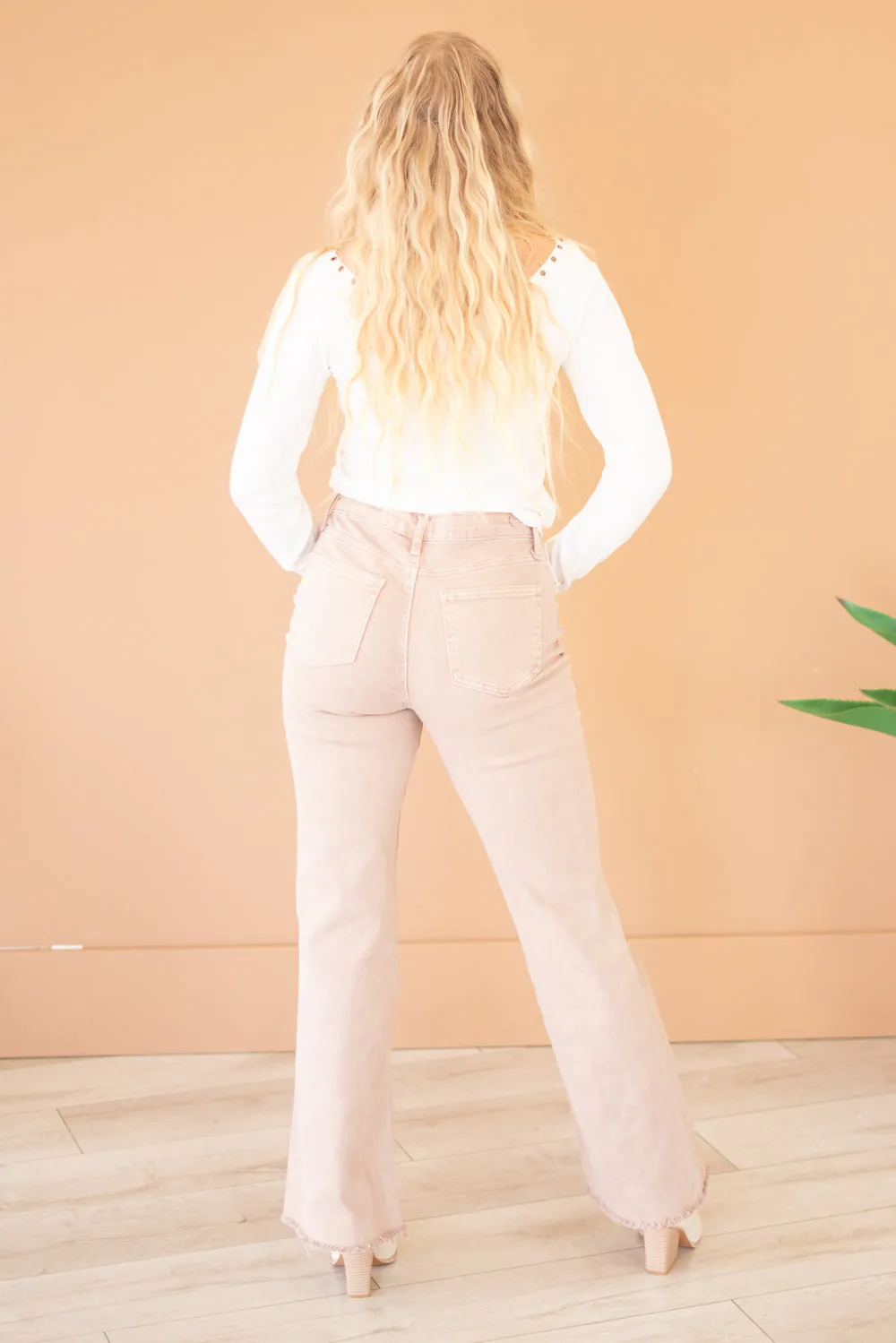 Acid Washed Frayed Hem Slim Wide Leg Pants