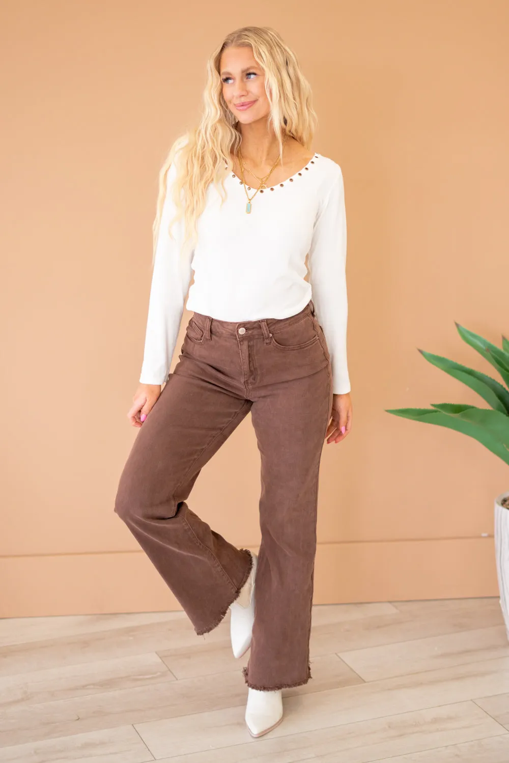 Acid Washed Frayed Hem Slim Wide Leg Pants