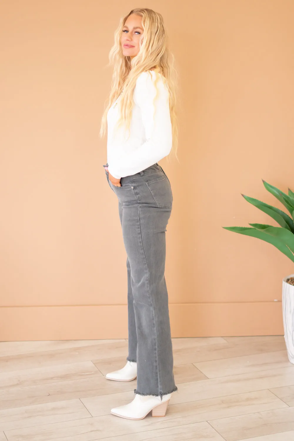 Acid Washed Frayed Hem Slim Wide Leg Pants