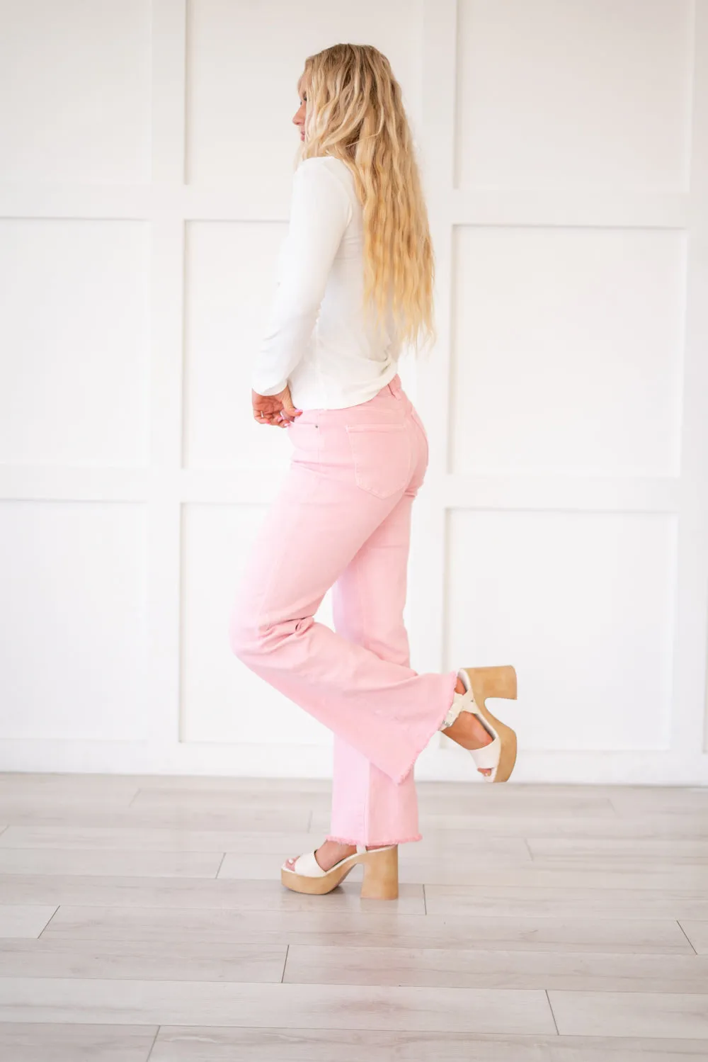 Acid Washed Frayed Hem Slim Wide Leg Pants