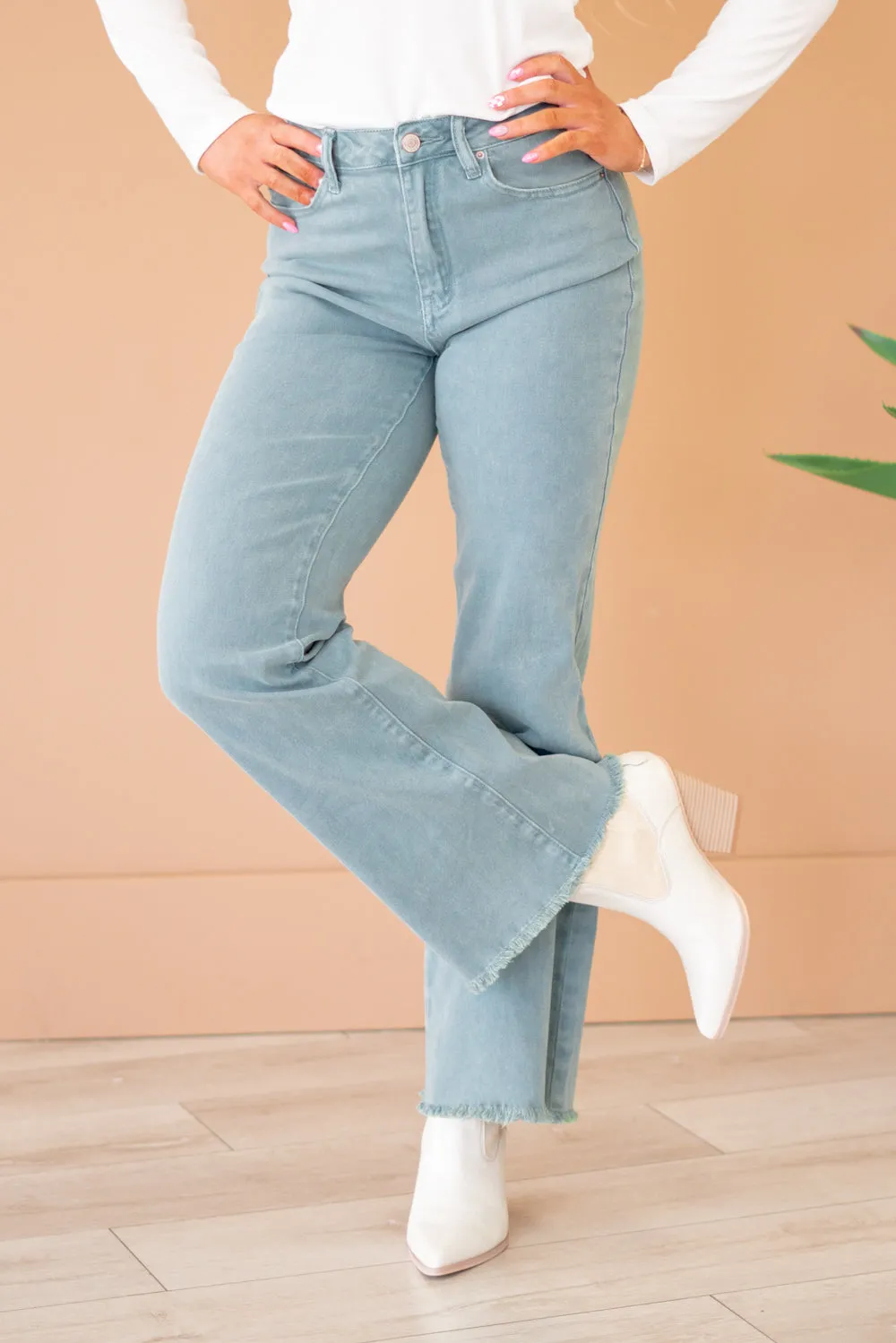 Acid Washed Frayed Hem Slim Wide Leg Pants