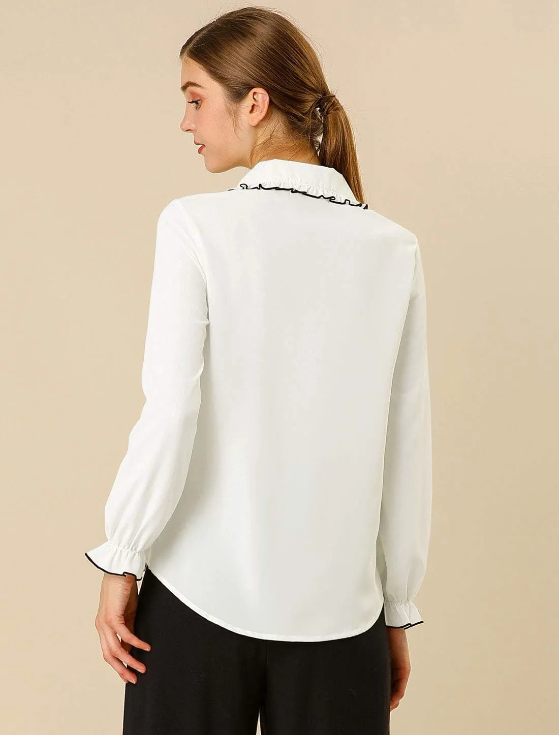 Allegra K Women's Long Sleeve Blouse Sweet Ruffle Peter Pan Collar Button Down Business Casual Work Shirt