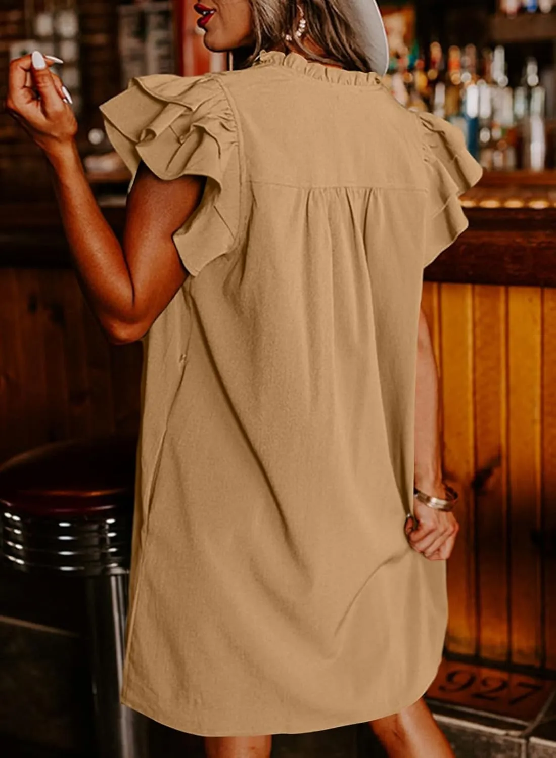 AlvaQ Womens Summer Dresses 2025 V Neck Ruffle Cap Short Sleeve Mini Dress Casual Flowy Pleated A Line Sundress with Pockets