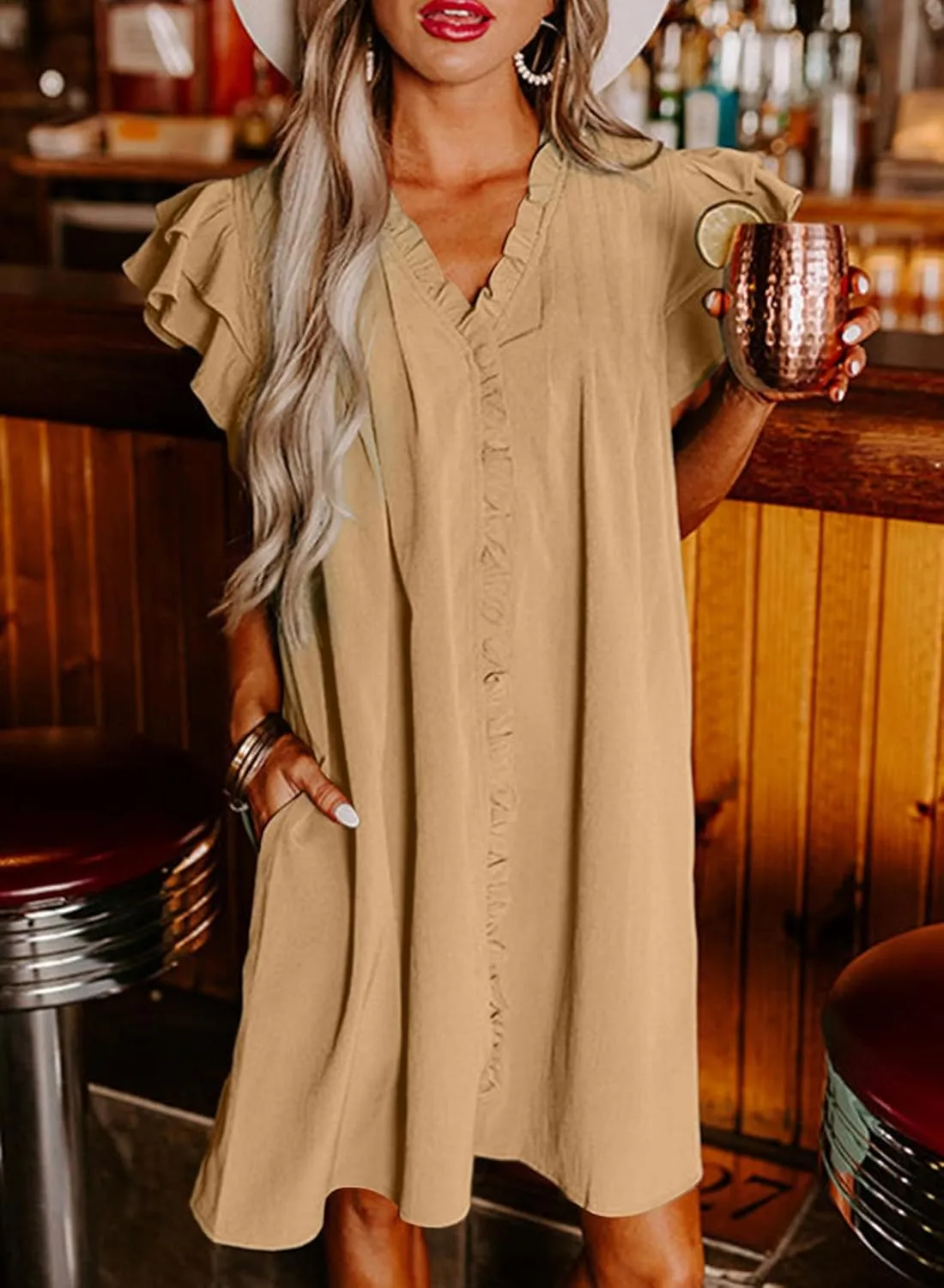 AlvaQ Womens Summer Dresses 2025 V Neck Ruffle Cap Short Sleeve Mini Dress Casual Flowy Pleated A Line Sundress with Pockets