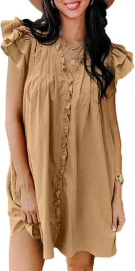 AlvaQ Womens Summer Dresses 2025 V Neck Ruffle Cap Short Sleeve Mini Dress Casual Flowy Pleated A Line Sundress with Pockets