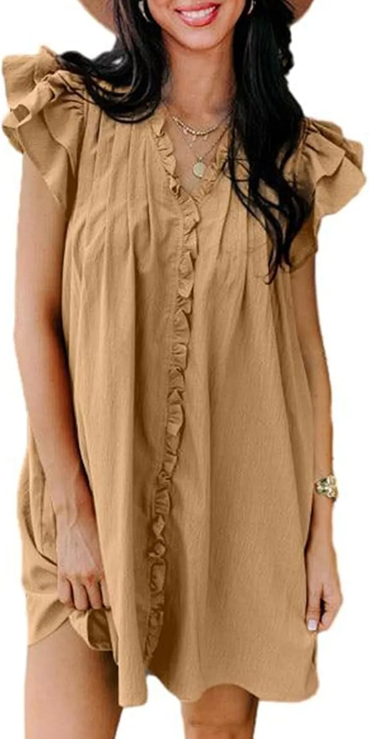 AlvaQ Womens Summer Dresses 2025 V Neck Ruffle Cap Short Sleeve Mini Dress Casual Flowy Pleated A Line Sundress with Pockets