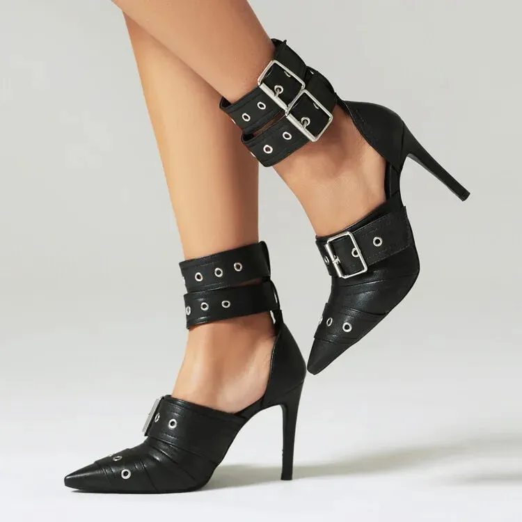 Amozae-2024 European and American Style Pointed Toe Slim High Heel Buckle Single Shoes for Women's Fashionable Baotou Banquet Sandals