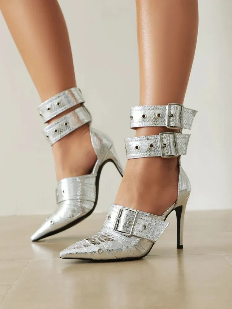 Amozae-2024 European and American Style Pointed Toe Slim High Heel Buckle Single Shoes for Women's Fashionable Baotou Banquet Sandals