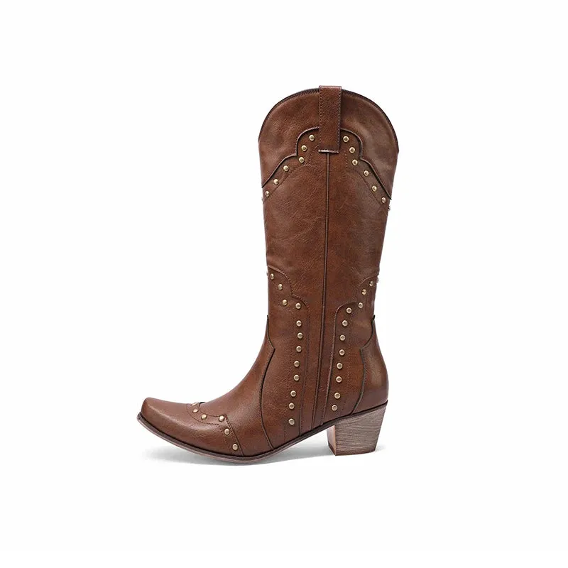 Amozae-2024 new autumn winter Women mid-calf boots plus size 22-26.5CM denim/PU modern boots RIVET side zip Thick heel western boots