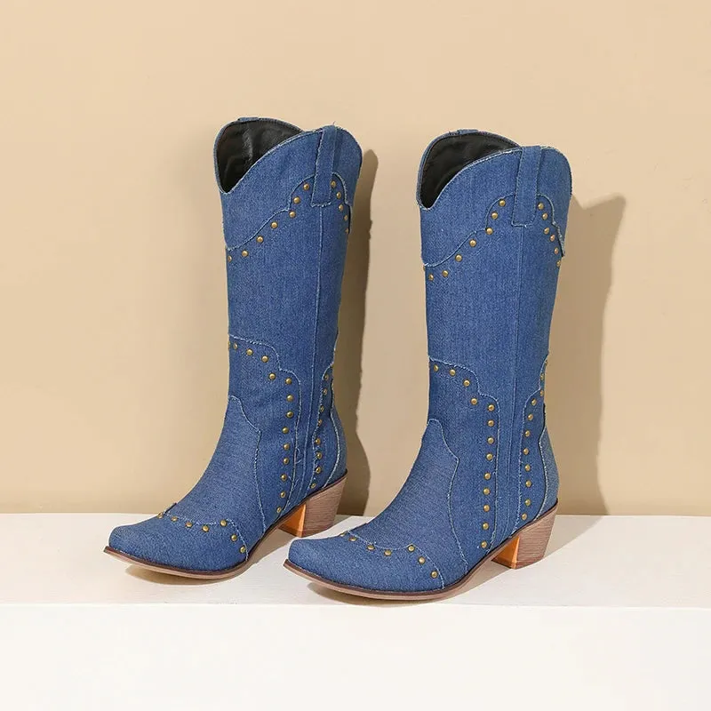 Amozae-2024 new autumn winter Women mid-calf boots plus size 22-26.5CM denim/PU modern boots RIVET side zip Thick heel western boots