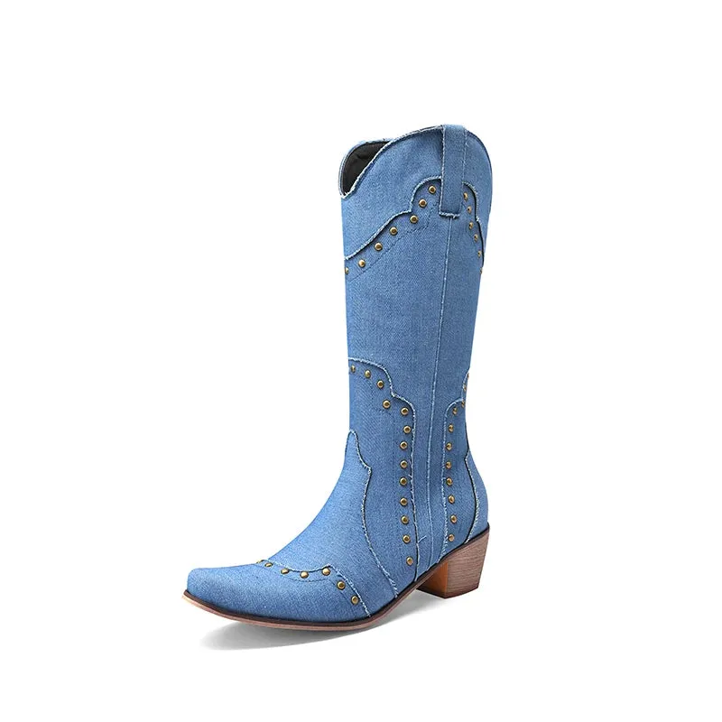 Amozae-2024 new autumn winter Women mid-calf boots plus size 22-26.5CM denim/PU modern boots RIVET side zip Thick heel western boots