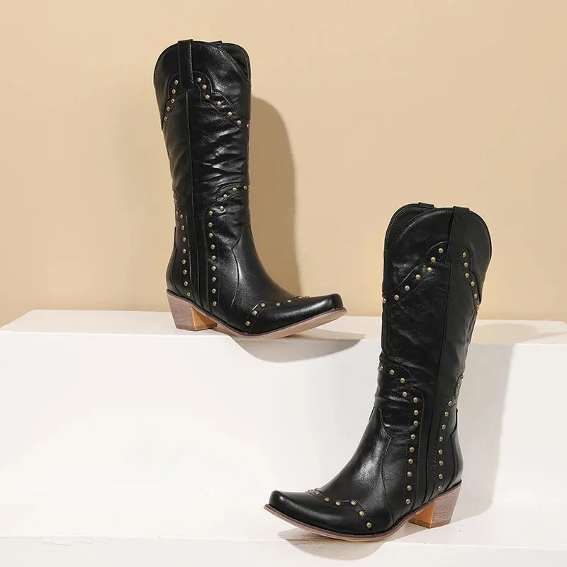 Amozae-2024 new autumn winter Women mid-calf boots plus size 22-26.5CM denim/PU modern boots RIVET side zip Thick heel western boots