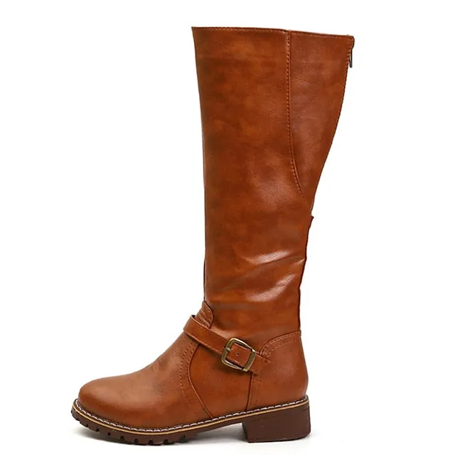 Amozae- Autumn Boots  Women's Boots Riding Boots Daily Knee High Boots Winter Buckle Chunky Heel Round Toe Vintage Classic Leather Zipper Solid Colored Black Yellow Brown