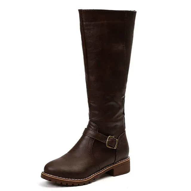 Amozae- Autumn Boots  Women's Boots Riding Boots Daily Knee High Boots Winter Buckle Chunky Heel Round Toe Vintage Classic Leather Zipper Solid Colored Black Yellow Brown