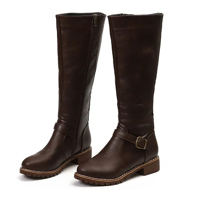 Amozae- Autumn Boots  Women's Boots Riding Boots Daily Knee High Boots Winter Buckle Chunky Heel Round Toe Vintage Classic Leather Zipper Solid Colored Black Yellow Brown