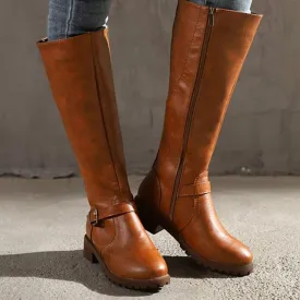 Amozae- Autumn Boots  Women's Boots Riding Boots Daily Knee High Boots Winter Buckle Chunky Heel Round Toe Vintage Classic Leather Zipper Solid Colored Black Yellow Brown
