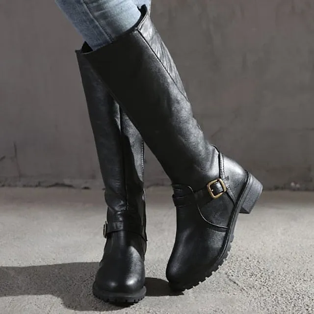Amozae- Autumn Boots  Women's Boots Riding Boots Daily Knee High Boots Winter Buckle Chunky Heel Round Toe Vintage Classic Leather Zipper Solid Colored Black Yellow Brown