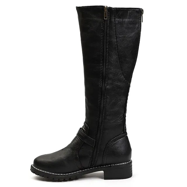 Amozae- Autumn Boots  Women's Boots Riding Boots Daily Knee High Boots Winter Buckle Chunky Heel Round Toe Vintage Classic Leather Zipper Solid Colored Black Yellow Brown
