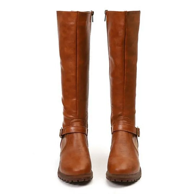 Amozae- Autumn Boots  Women's Boots Riding Boots Daily Knee High Boots Winter Buckle Chunky Heel Round Toe Vintage Classic Leather Zipper Solid Colored Black Yellow Brown