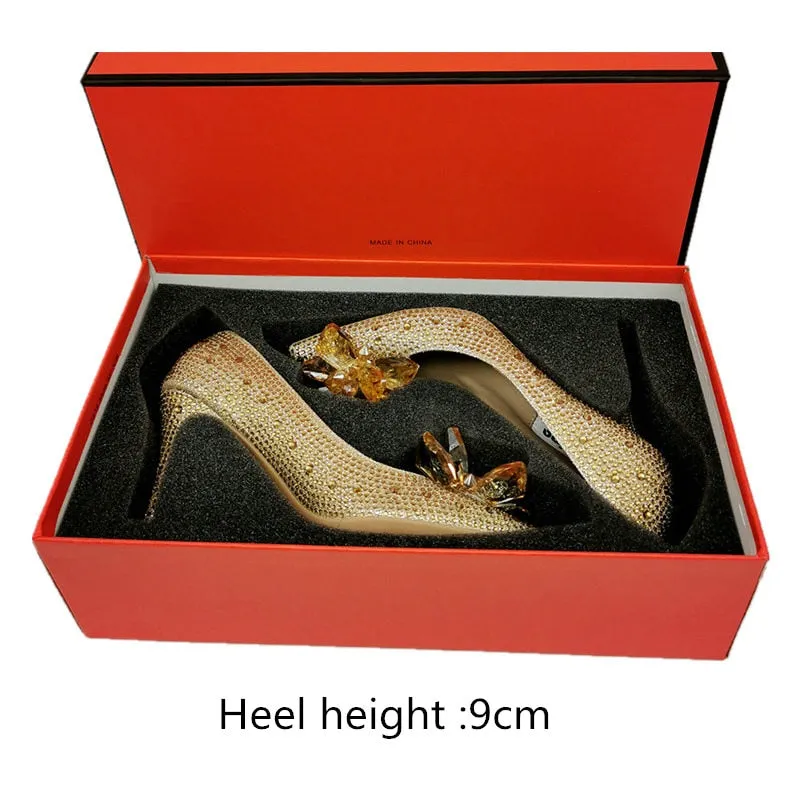 Amozae- European Wedding Shoes Female White Drill Rhinestone Crystal Stiletto Pointed Red Bridal Shoes Fashion High Heels